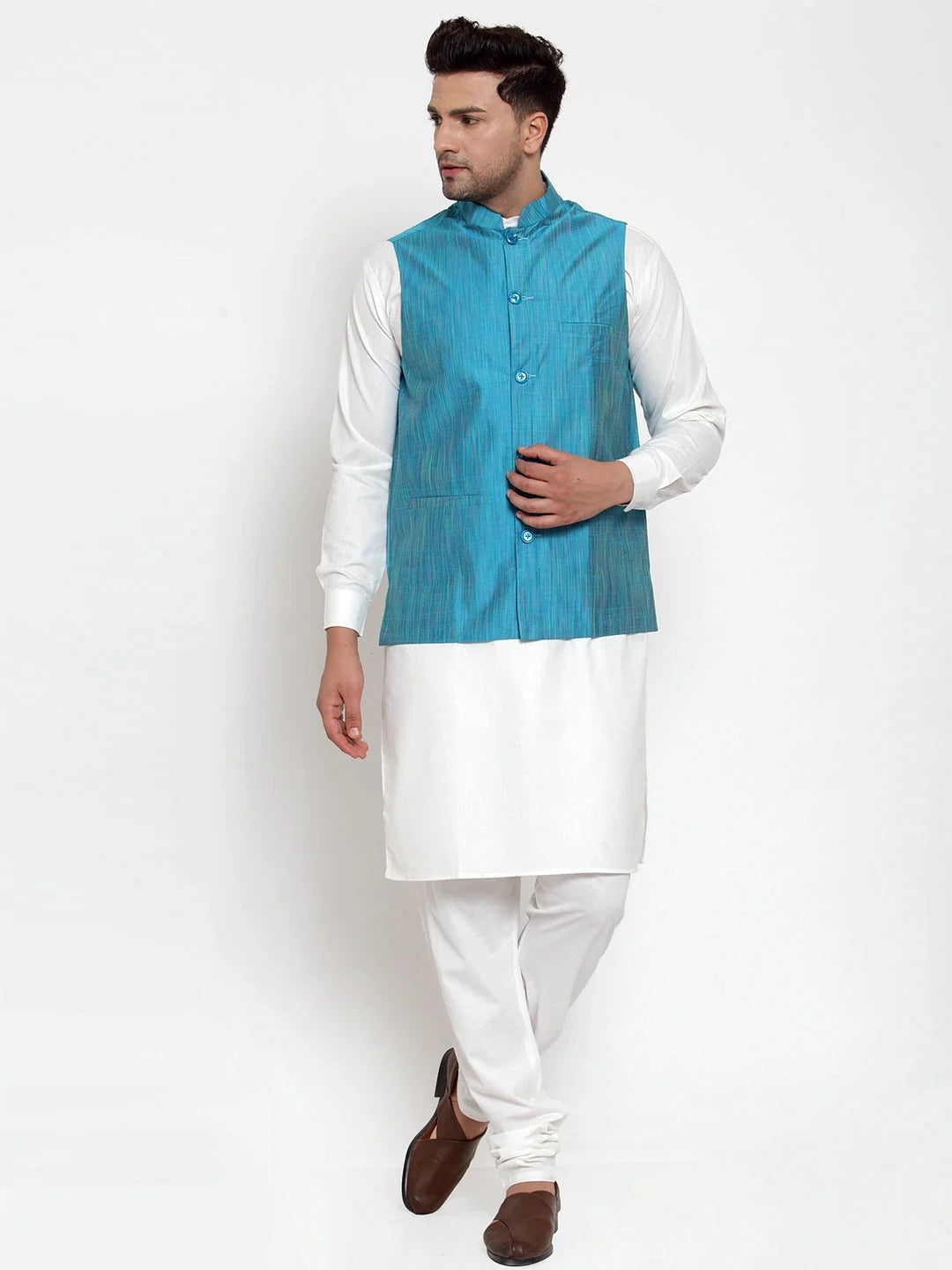 Men's Lit White Solid Kurta with Pyjamas & Blue Nehru Jacket
