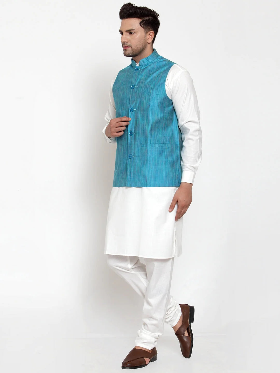 Men's White Kurta Pajama Set with Blue Nehru Jacket | Cotton - Style 1