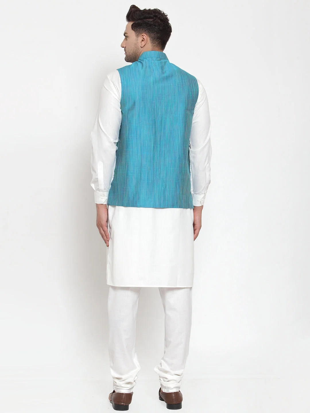 Men's White Kurta Pajama Set with Blue Nehru Jacket | Cotton - Style 1