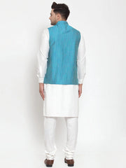 Men's Lit White Solid Kurta with Pyjamas & Blue Nehru Jacket