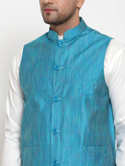 Men's Lit White Solid Kurta with Pyjamas & Blue Nehru Jacket