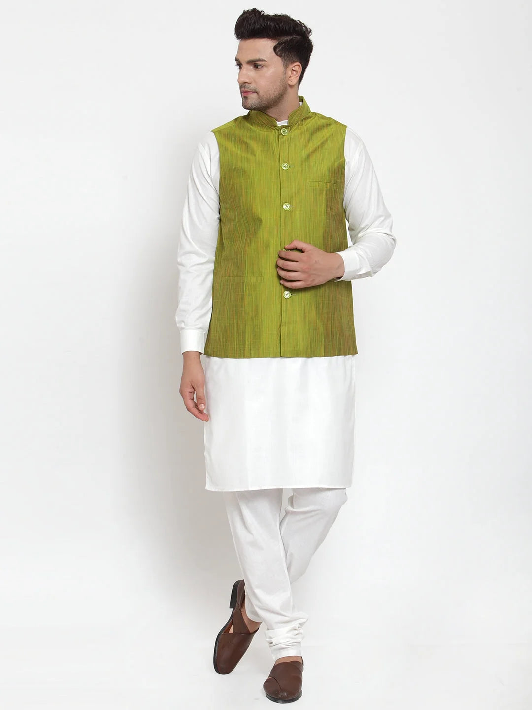 Men's White Kurta Pajama Set with Green Nehru Jacket | Cotton