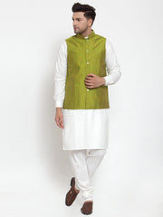 Men's White Solid Kurta with Pyjamas & Green Nehru Jacket