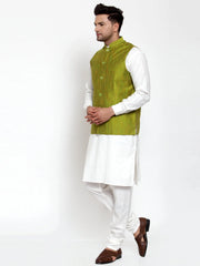Men's White Solid Kurta with Pyjamas & Green Nehru Jacket