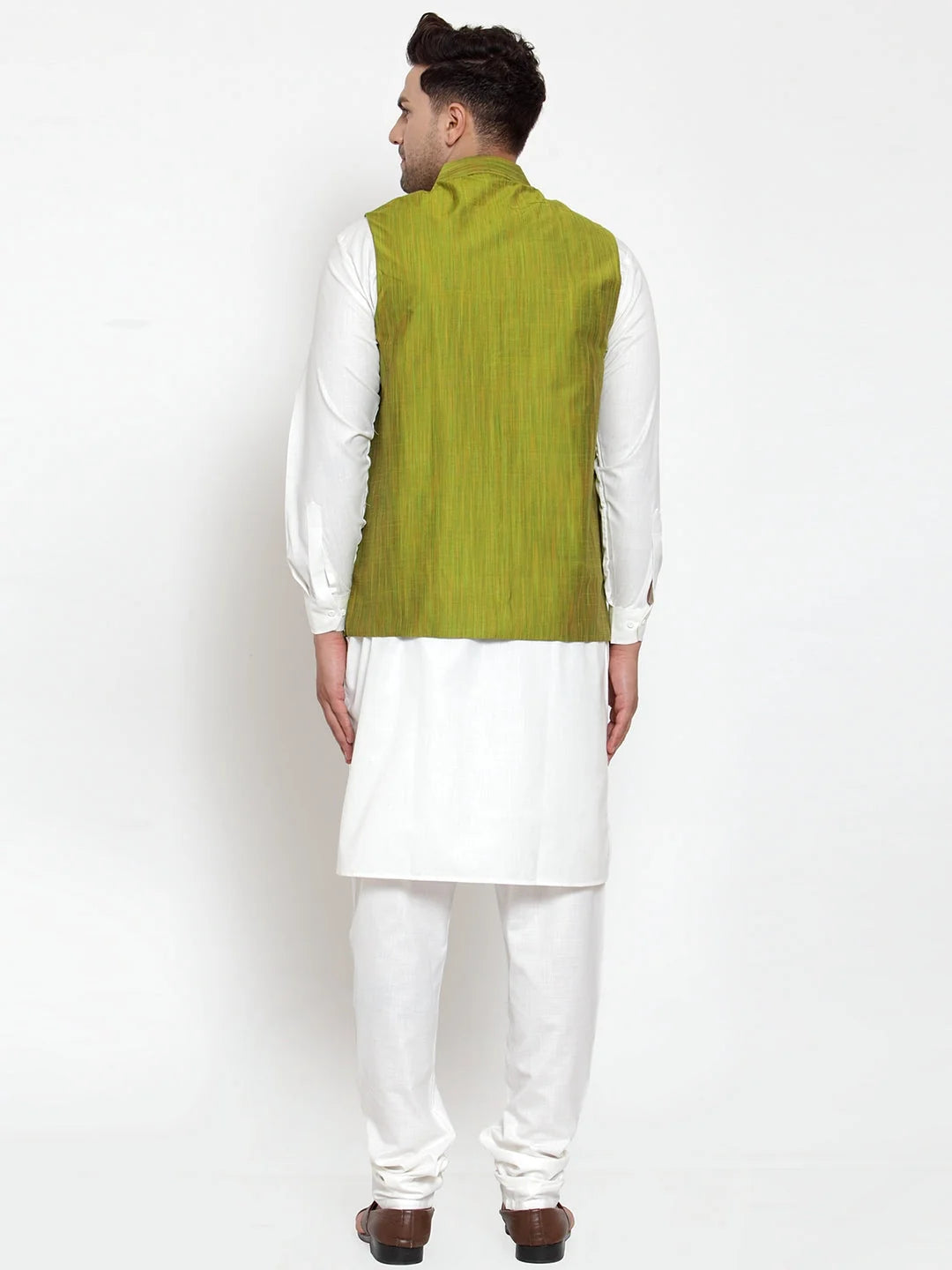 Men's White Kurta Pajama Set with Green Nehru Jacket | Cotton