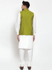 Men's White Solid Kurta with Pyjamas & Green Nehru Jacket