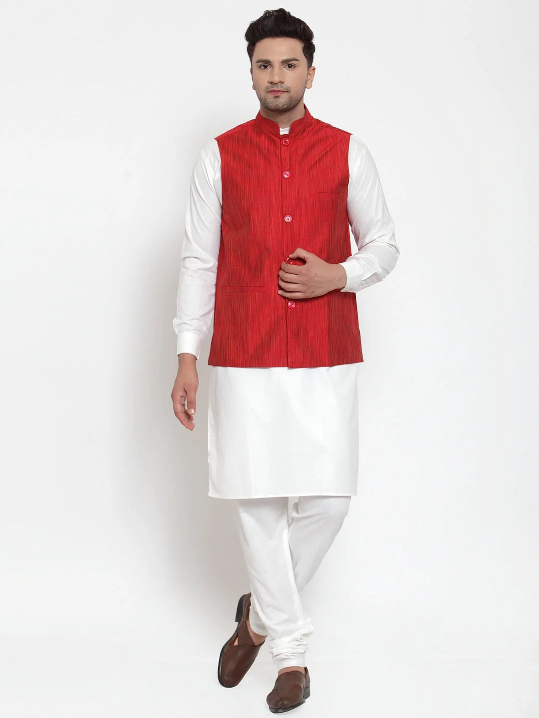 Men's Solid Kurta Pajama Set with Red Nehru Jacket | Cotton