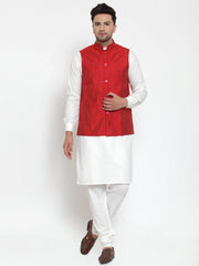 Men Solid Kurta with Pyjamas & Red Nehru Jacket
