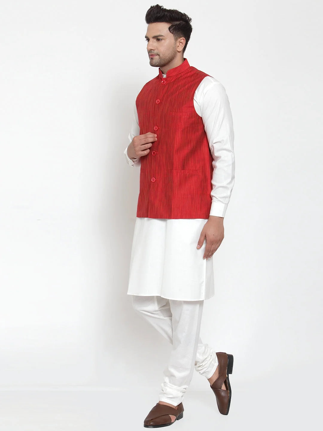 Men's Solid Kurta Pajama Set with Red Nehru Jacket | Cotton