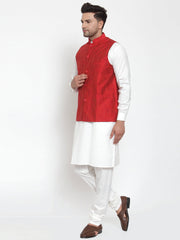 Men Solid Kurta with Pyjamas & Red Nehru Jacket