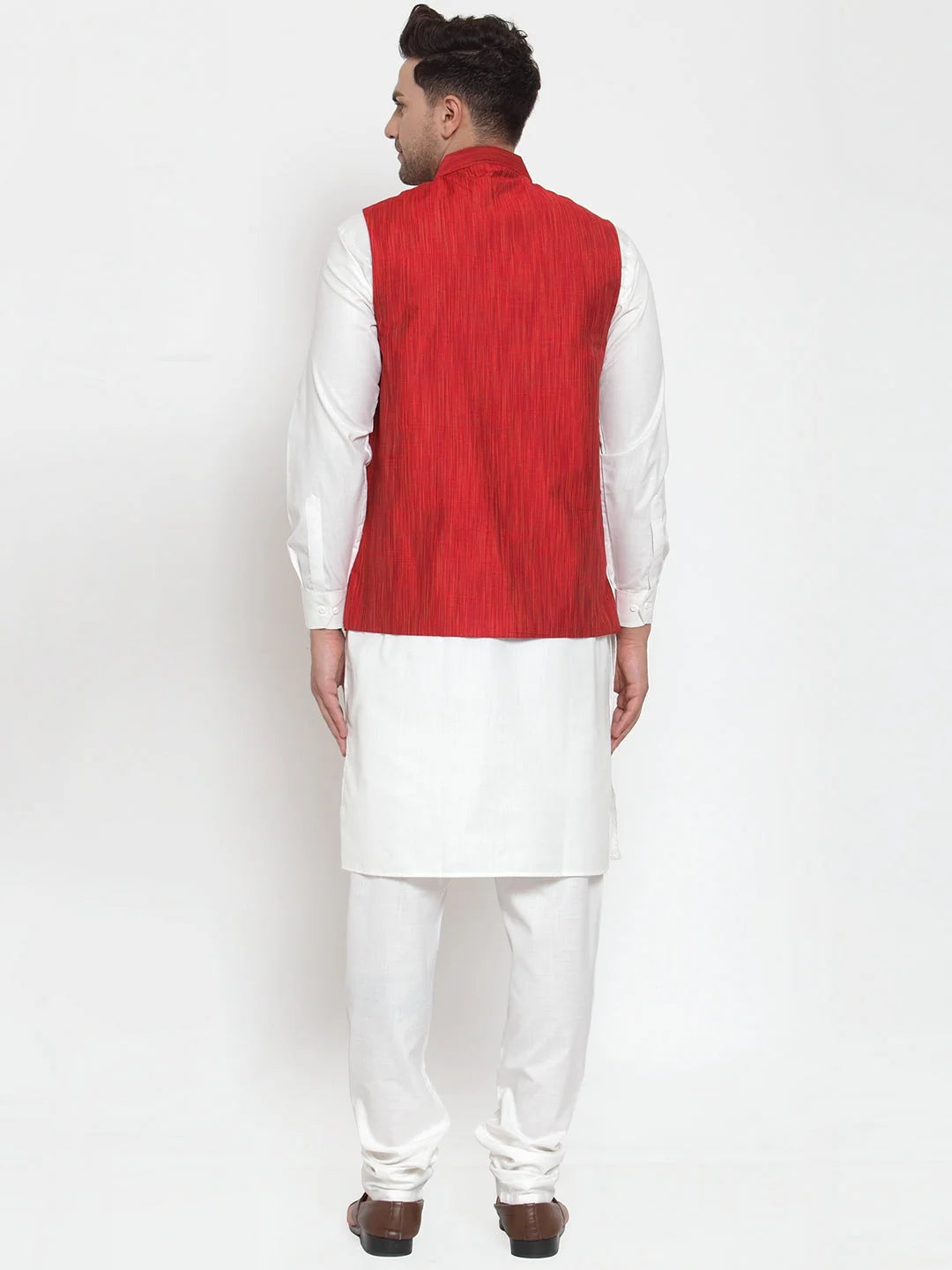 Men's Solid Kurta Pajama Set with Red Nehru Jacket | Cotton