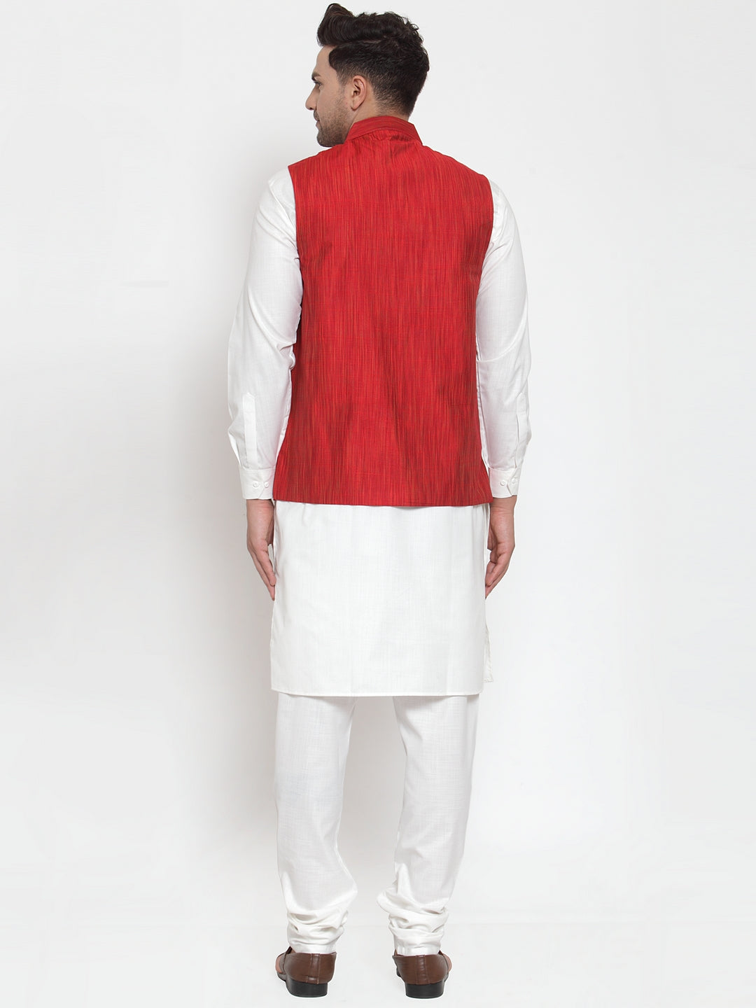Men's Solid Kurta Pajama Set with Red Nehru Jacket | Cotton