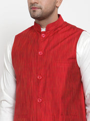 Men Solid Kurta with Pyjamas & Red Nehru Jacket