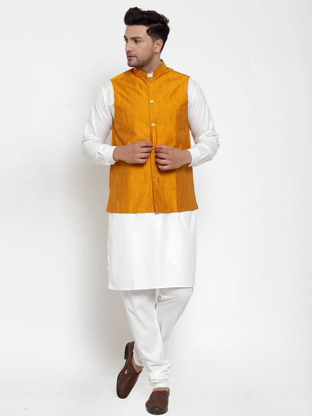Men's White Solid Kurta with Pyjamas & Yellow Nehru Jacket