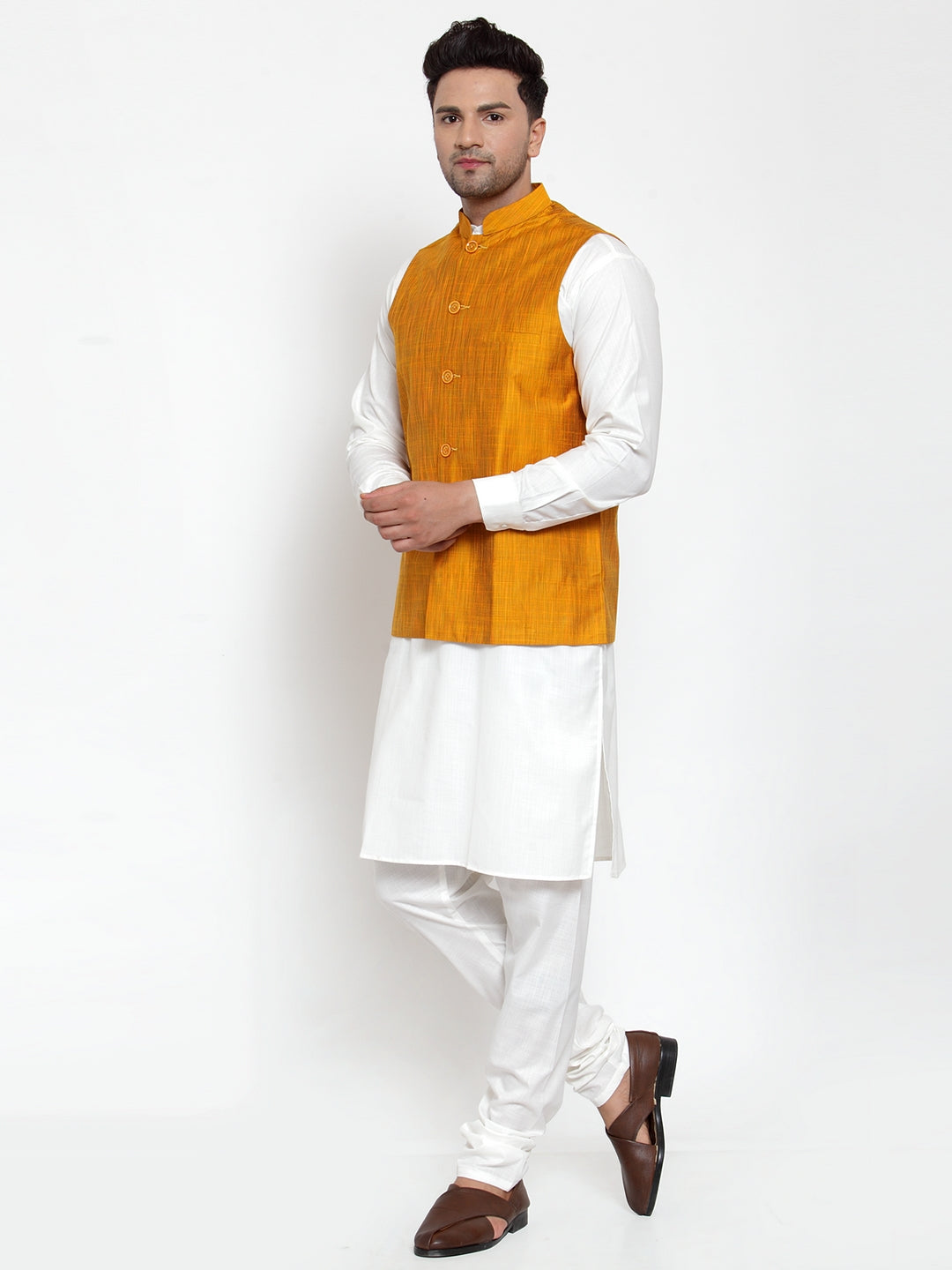 Men's White Kurta Pajama Set with Yellow Nehru Jacket | Cotton