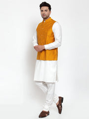 Men's White Solid Kurta with Pyjamas & Yellow Nehru Jacket