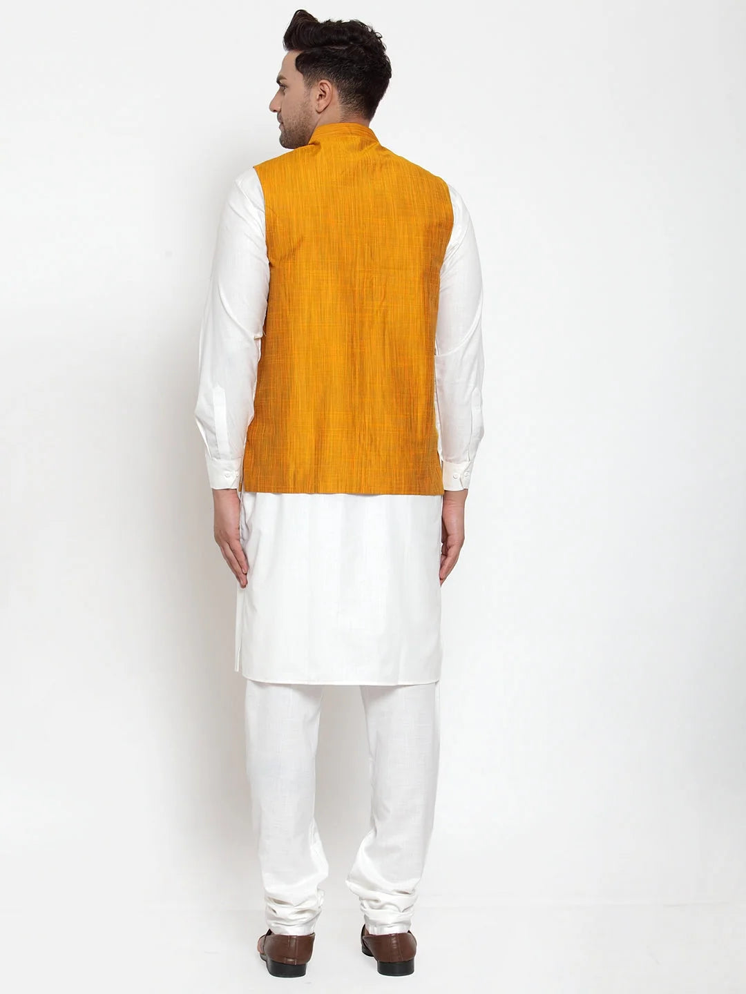 Men's White Kurta Pajama Set with Yellow Nehru Jacket | Cotton