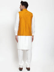 Men's White Solid Kurta with Pyjamas & Yellow Nehru Jacket