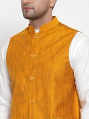 Men's White Solid Kurta with Pyjamas & Yellow Nehru Jacket