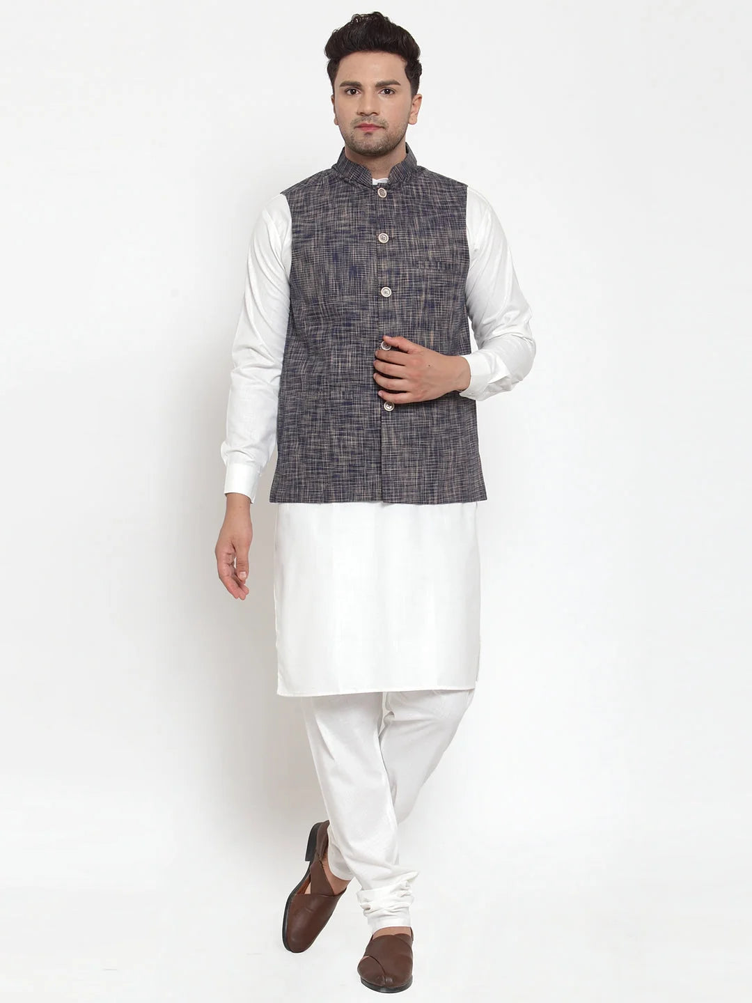 Men's White Kurta Pajama Set with Blue Nehru Jacket | Cotton