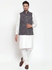 Men's White Solid Kurta with Pyjamas & Blue Nehru Jacket