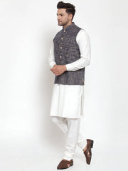 Men's White Solid Kurta with Pyjamas & Blue Nehru Jacket