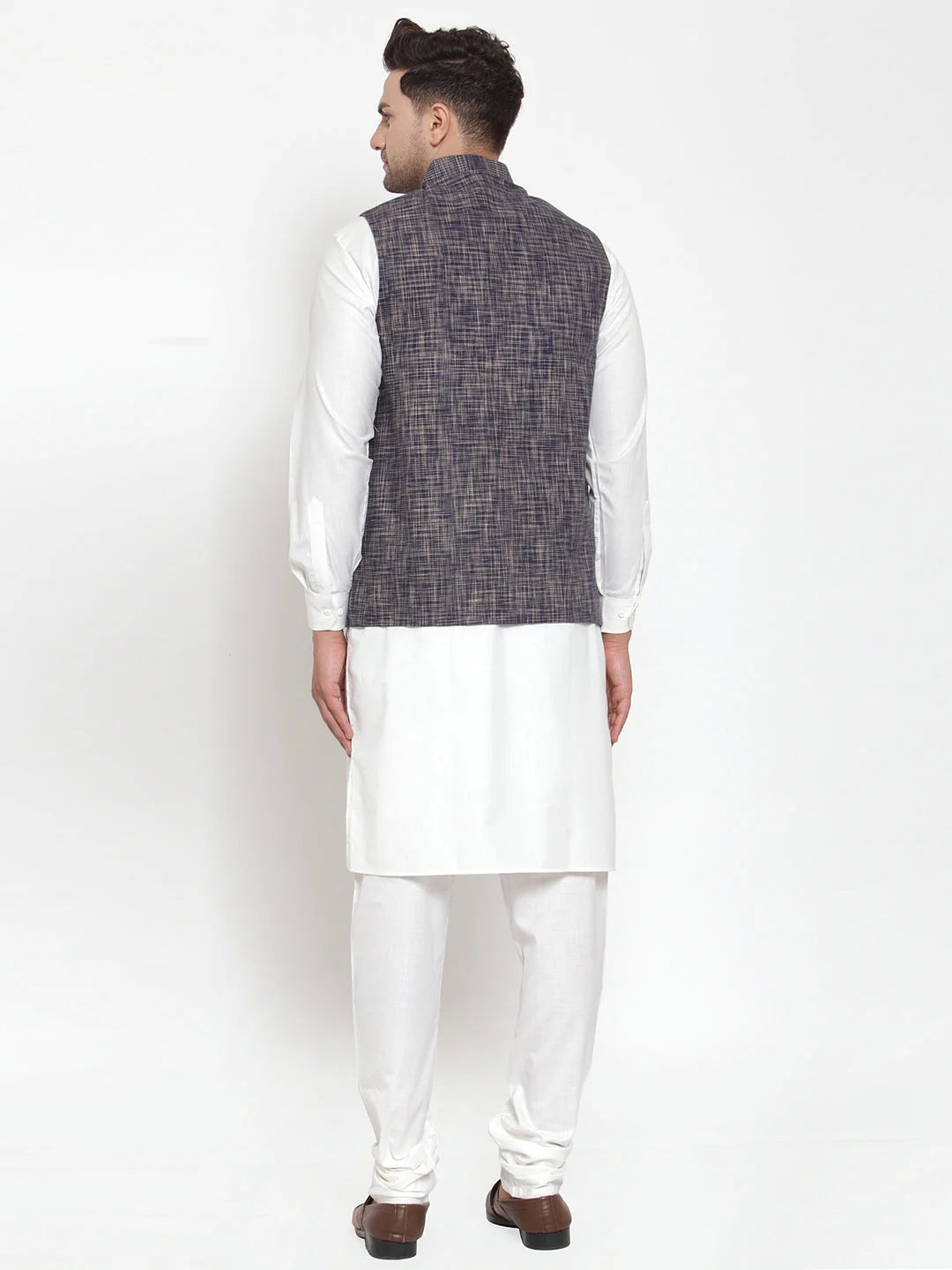 Men's White Kurta Pajama Set with Blue Nehru Jacket | Cotton