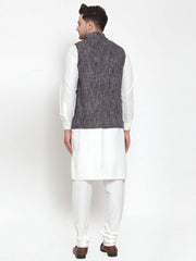 Men's White Solid Kurta with Pyjamas & Blue Nehru Jacket