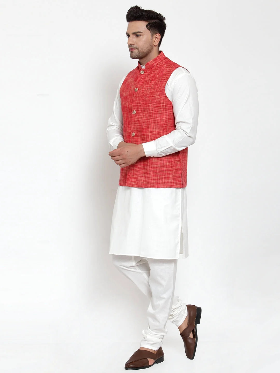 Men's White Kurta Pajama Set with Red Nehru Jacket | Cotton