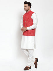 Men's White Solid Kurta with Pyjamas & Red Nehru Jacket