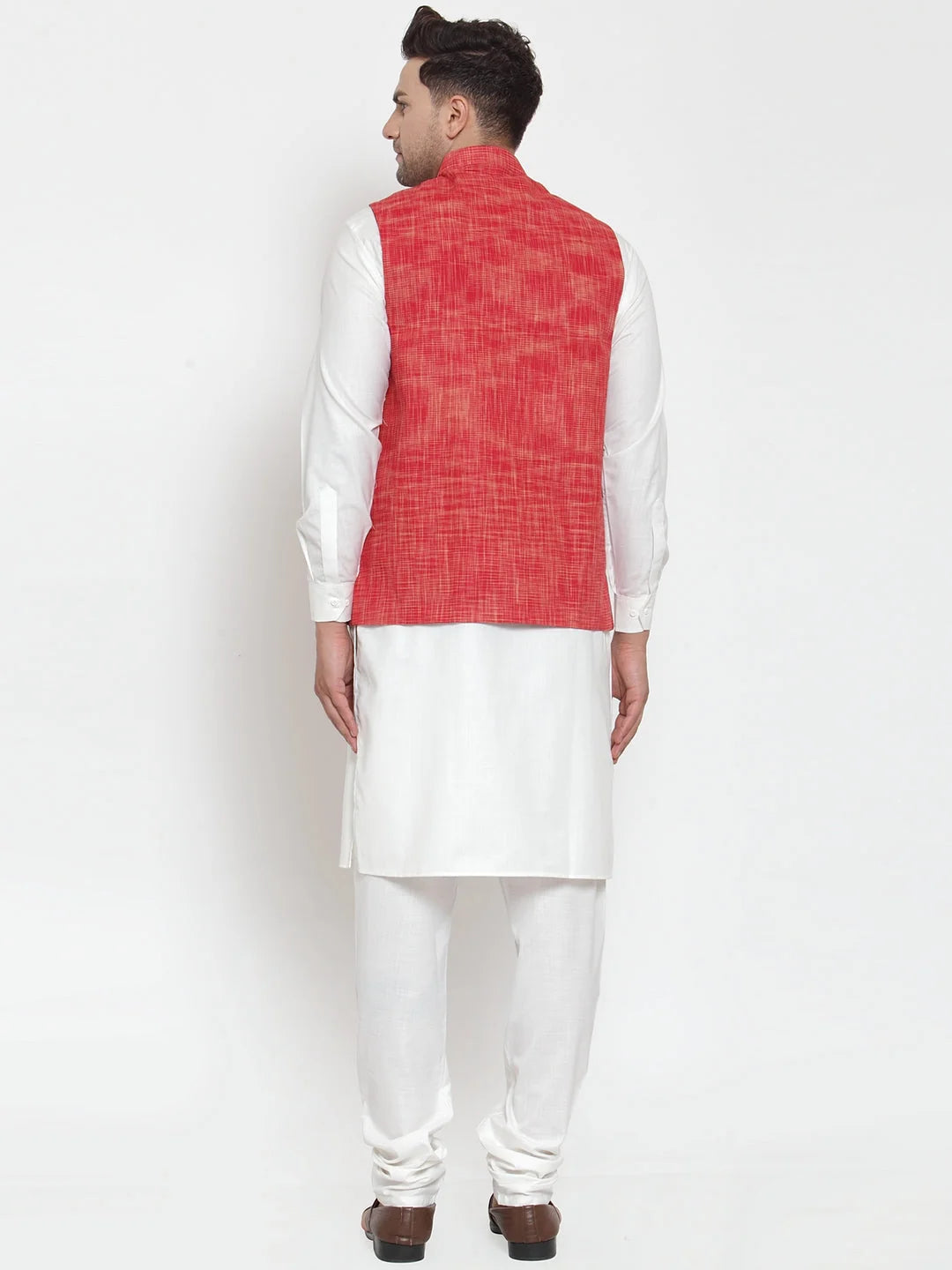 Men's White Kurta Pajama Set with Red Nehru Jacket | Cotton