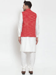 Men's White Solid Kurta with Pyjamas & Red Nehru Jacket