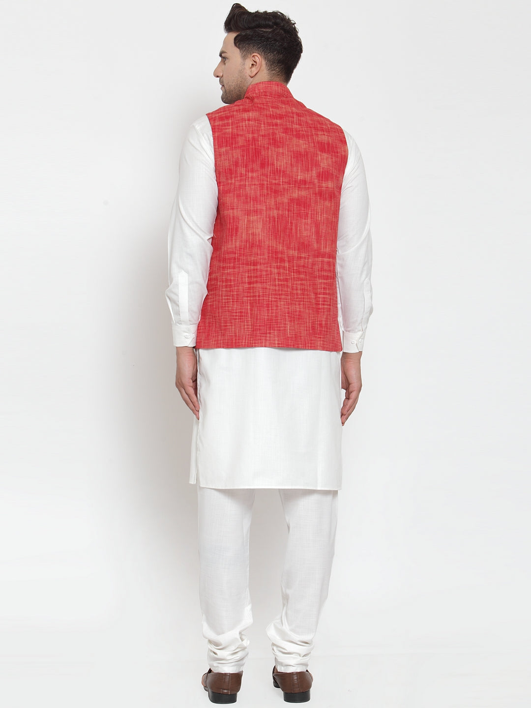 Men's White Kurta Pajama Set with Red Nehru Jacket | Cotton