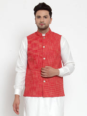 Men's Dark Red Woven Design Nehru Jacket