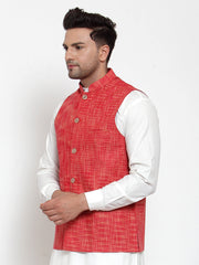 Men's Dark Red Woven Design Nehru Jacket