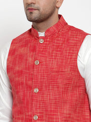 Men's Dark Red Woven Design Nehru Jacket