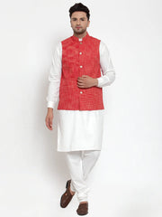 Men's Dark Red Woven Design Nehru Jacket