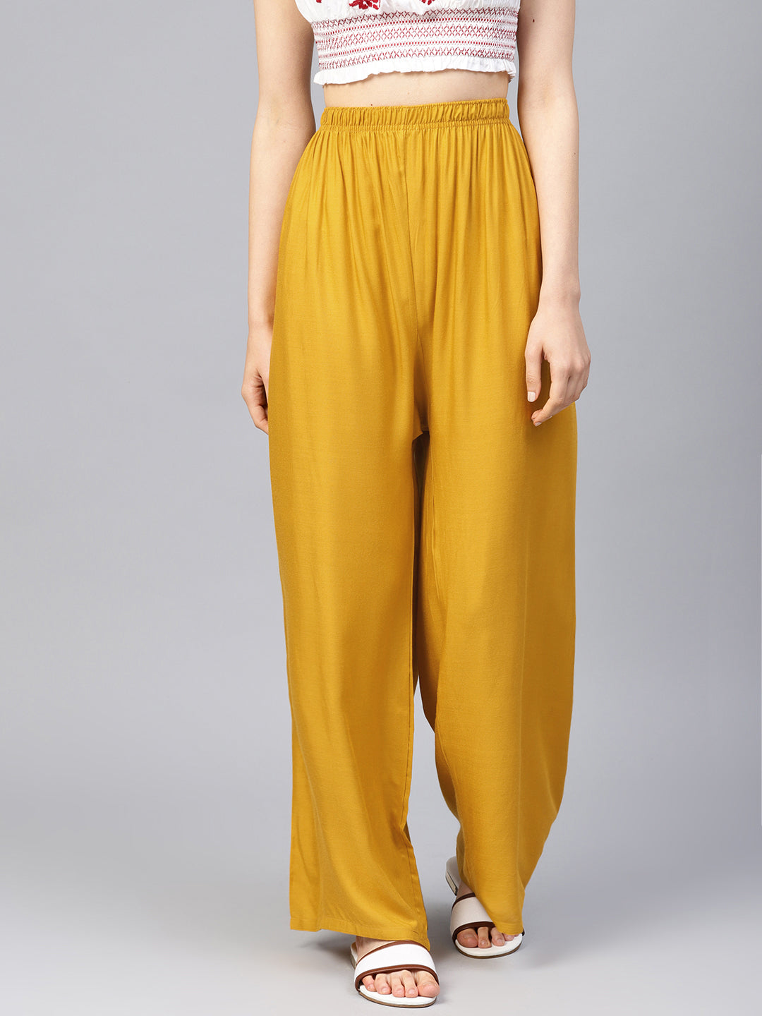 Mustard Palazzo Pants - High Waisted Women's Wide Leg Trousers