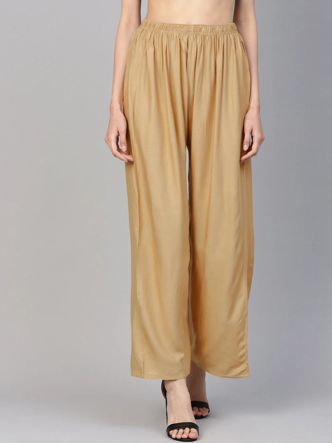 Beige Palazzo Pants for Women - High Waisted Rayon Trousers