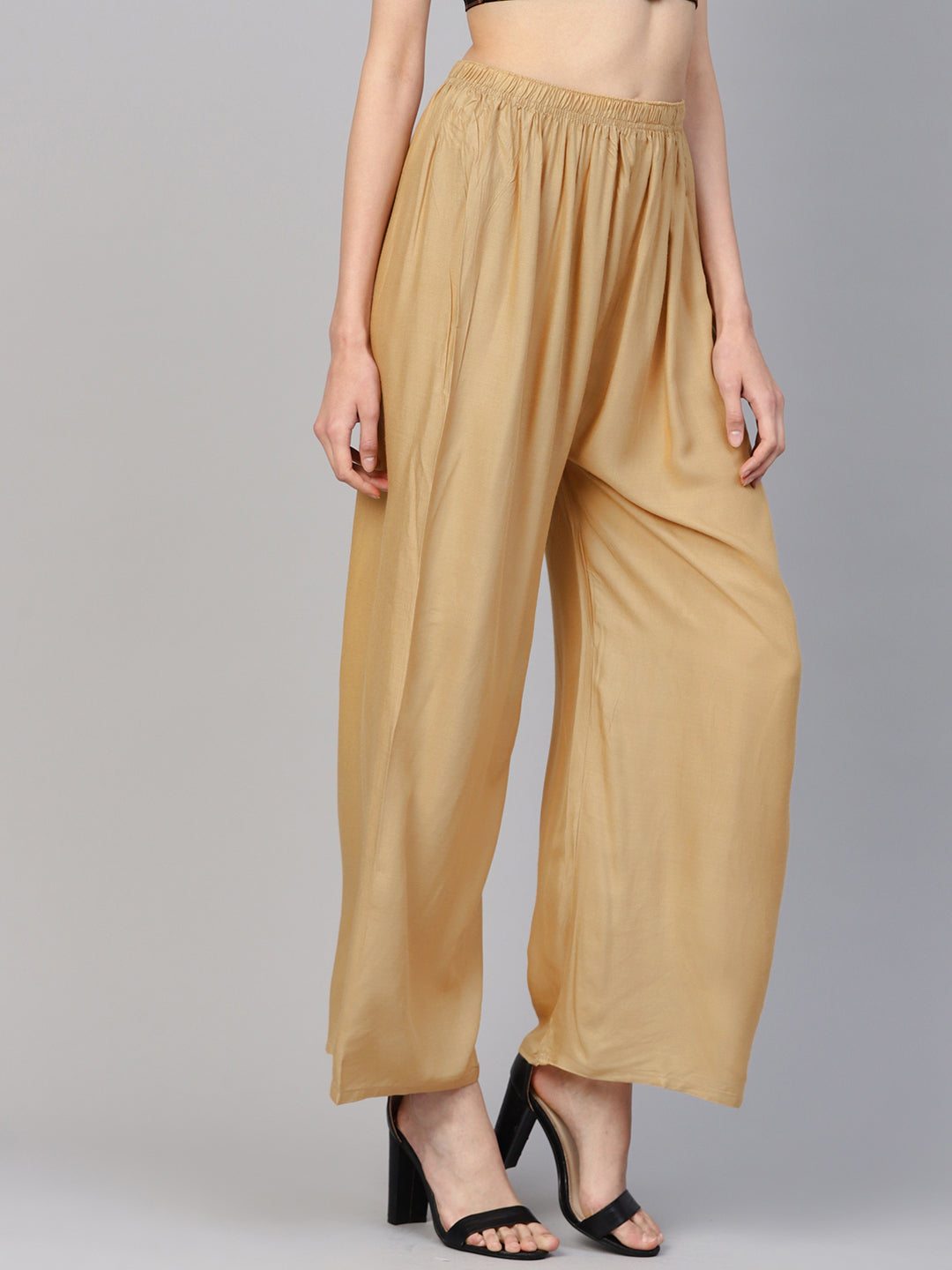 Beige Palazzo Pants for Women - High Waisted Rayon Trousers