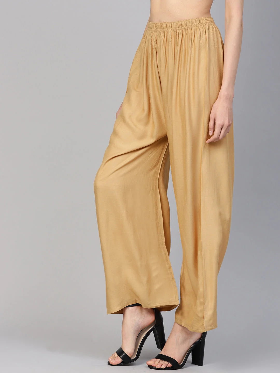 Beige Palazzo Pants for Women - High Waisted Rayon Trousers