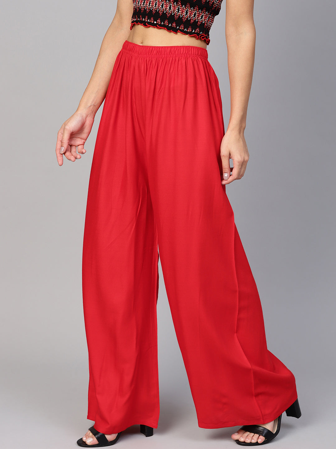 Red Palazzo Pants for Women - Elasticated Wide Leg Trousers