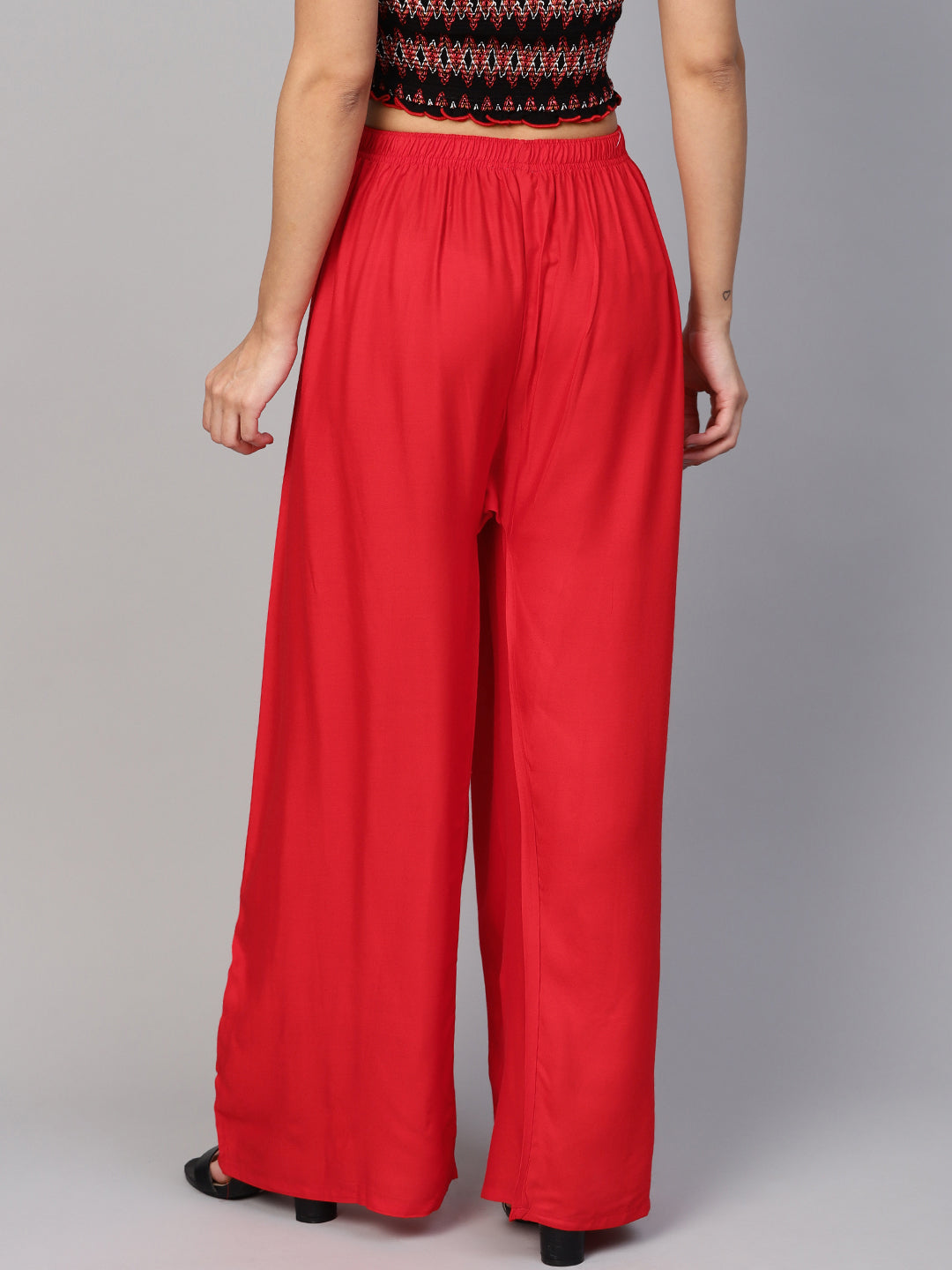 Red Palazzo Pants for Women - Elasticated Wide Leg Trousers