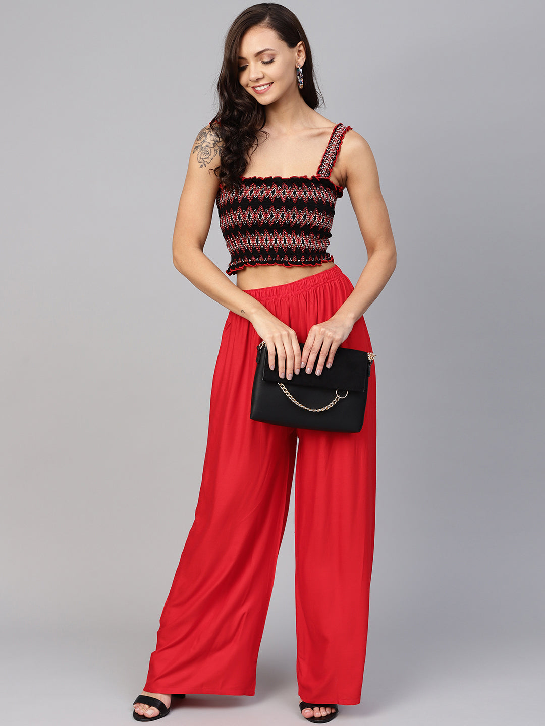 Red Palazzo Pants for Women - Elasticated Wide Leg Trousers
