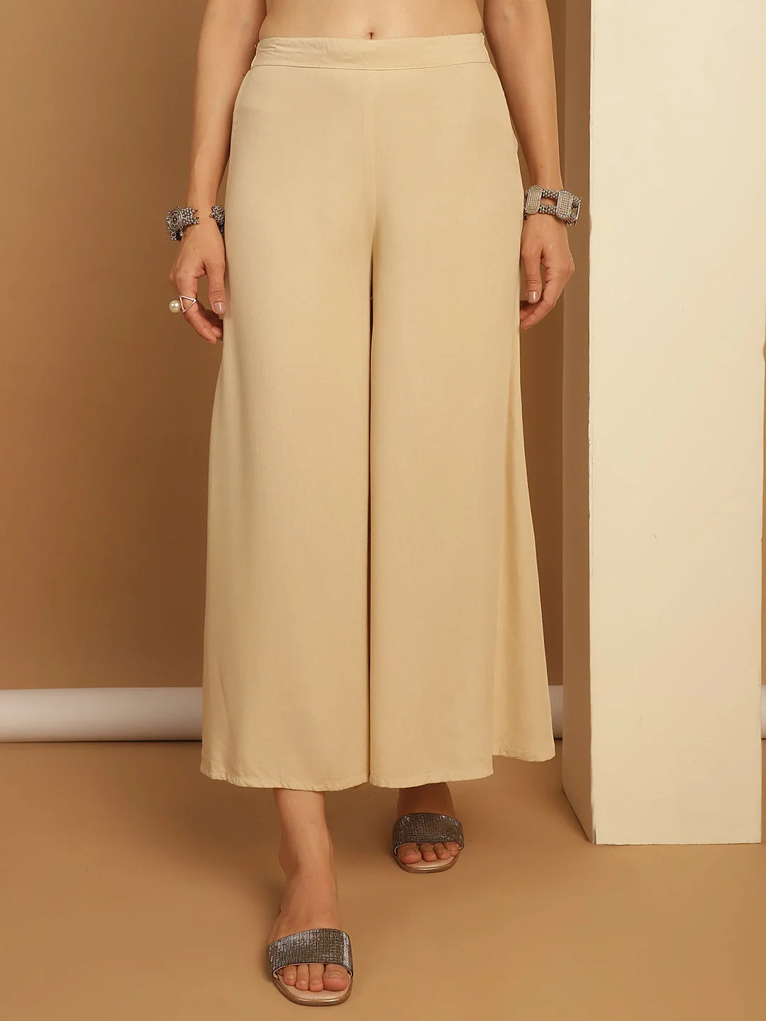 Beige Palazzo Pants for Women - Elastic Waist, Rayon Trousers