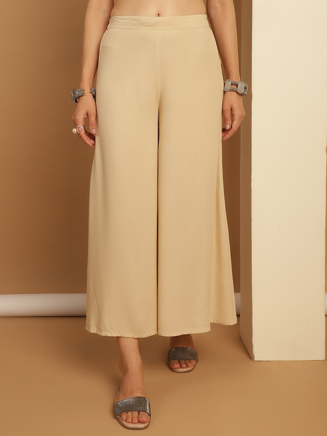 Women Beige Straight Partially Elasticated Palazzo-JOPL-2137Beige