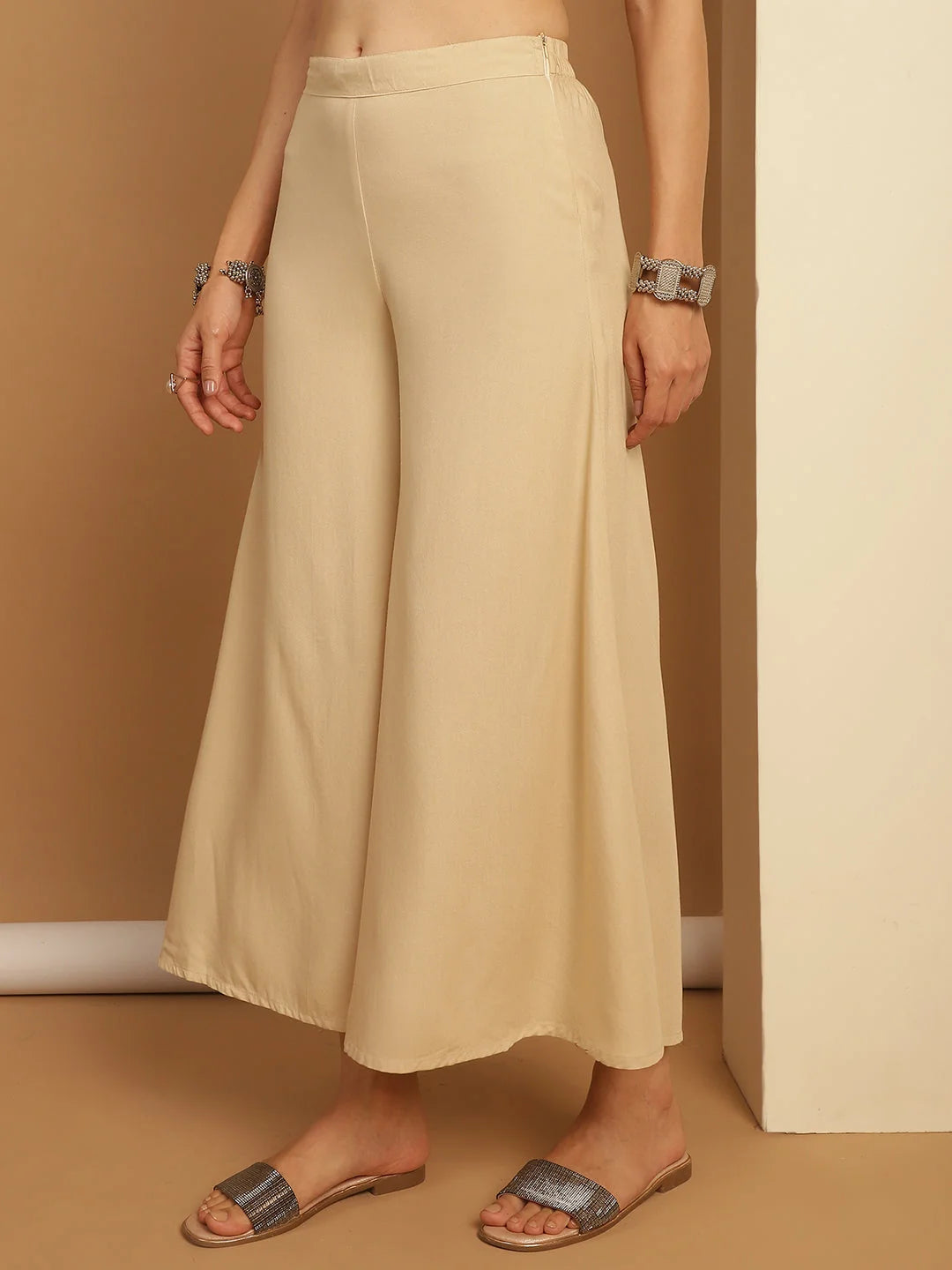 Beige Palazzo Pants for Women - Elastic Waist, Rayon Trousers
