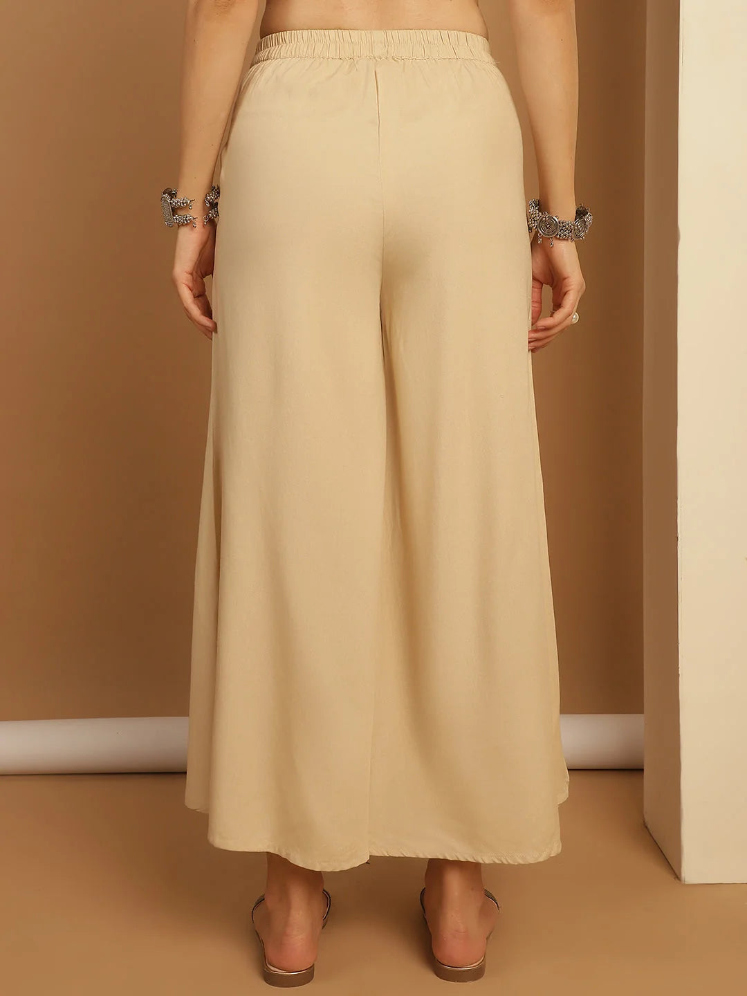 Beige Palazzo Pants for Women - Elastic Waist, Rayon Trousers