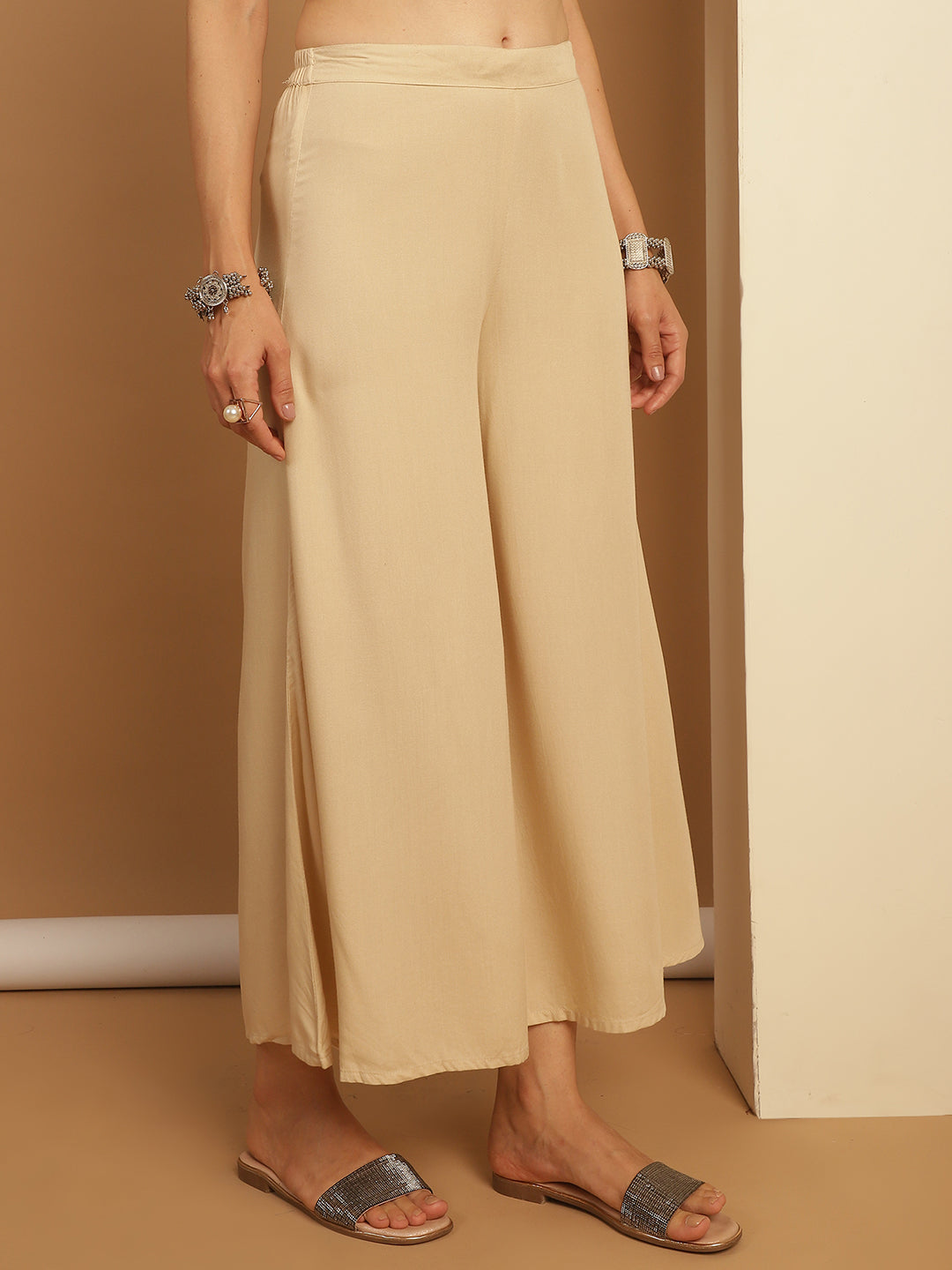 Beige Palazzo Pants for Women - Elastic Waist, Rayon Trousers