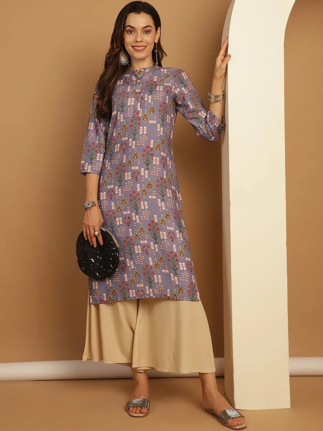 Beige Palazzo Pants for Women - Elastic Waist, Rayon Trousers